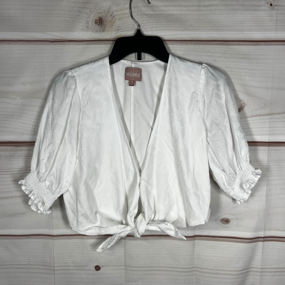 Show Me Your Mumu Tie Front Crop Top Womens Small White Jacquard Puff Sleeve